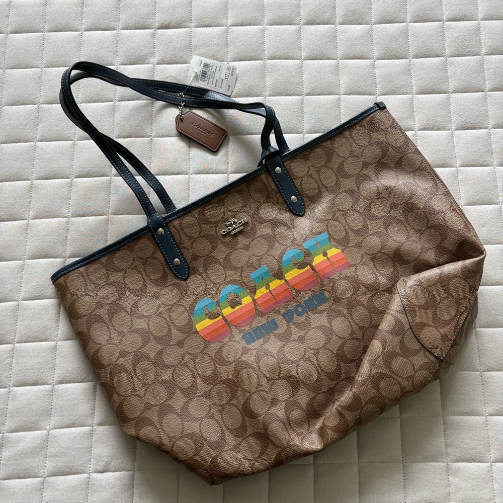 Coach Women’s Multicolor Rainbow Logo Teal/Brown Tote - Reversible Teal
